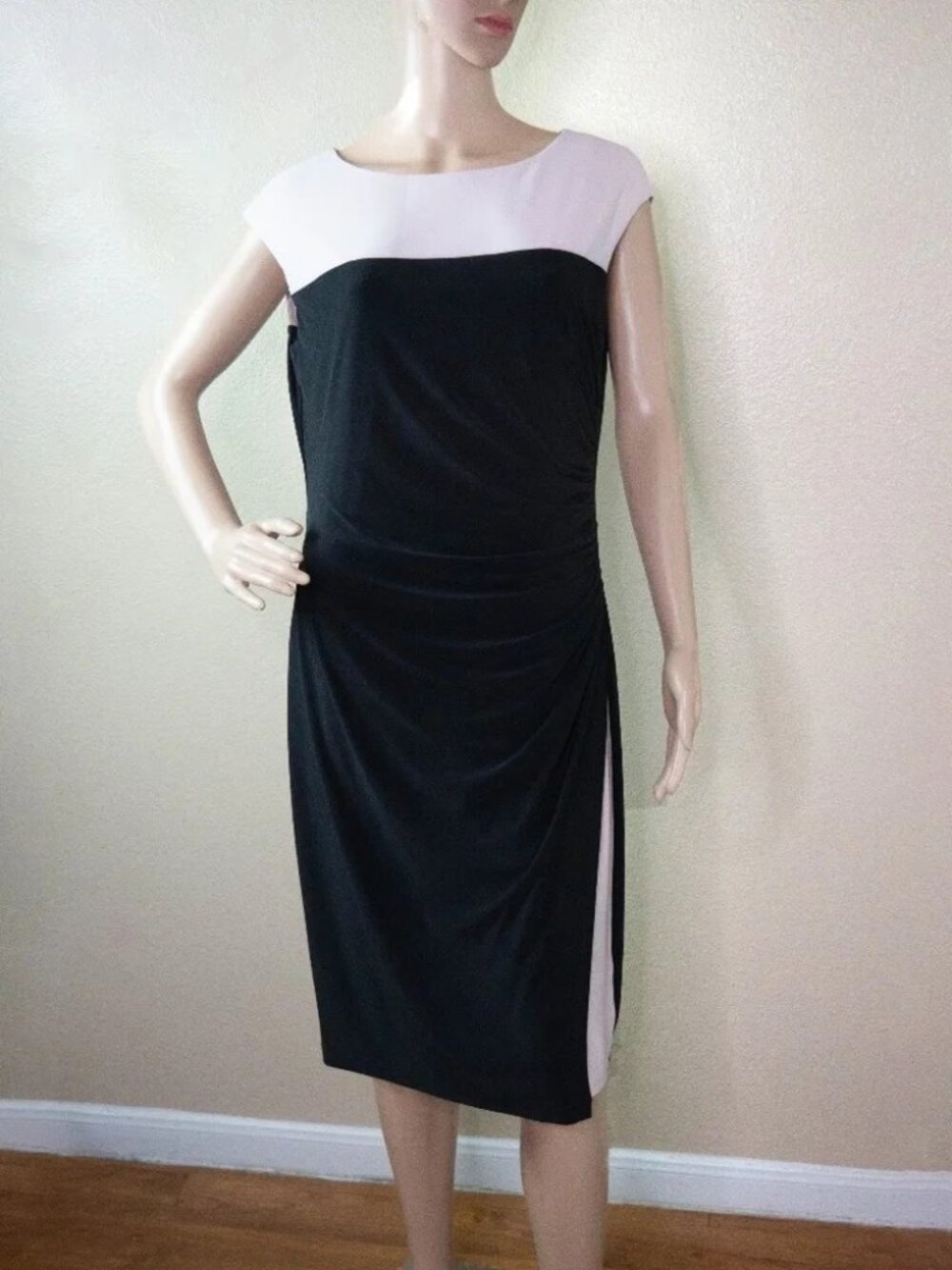 Lauren Ralph Lauren Womens Size 12 Black Pink Ruched Bodycon Midi Dress